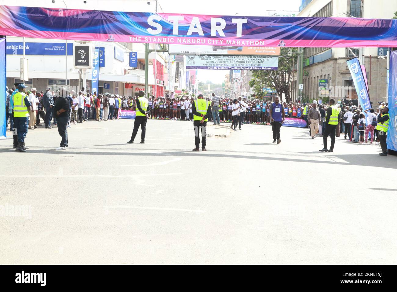 Nakuru, Kenya. 27th Nov, 2022. Athletes wait to start competing during the Stanbic Nakuru City Marathon held in Nakuru. This was the second annual marathon to be sponsored by the Stanbic Bank and Nakuru County Government, it consisted of 21km, 15km and 5km races. Credit: SOPA Images Limited/Alamy Live News Stock Photo