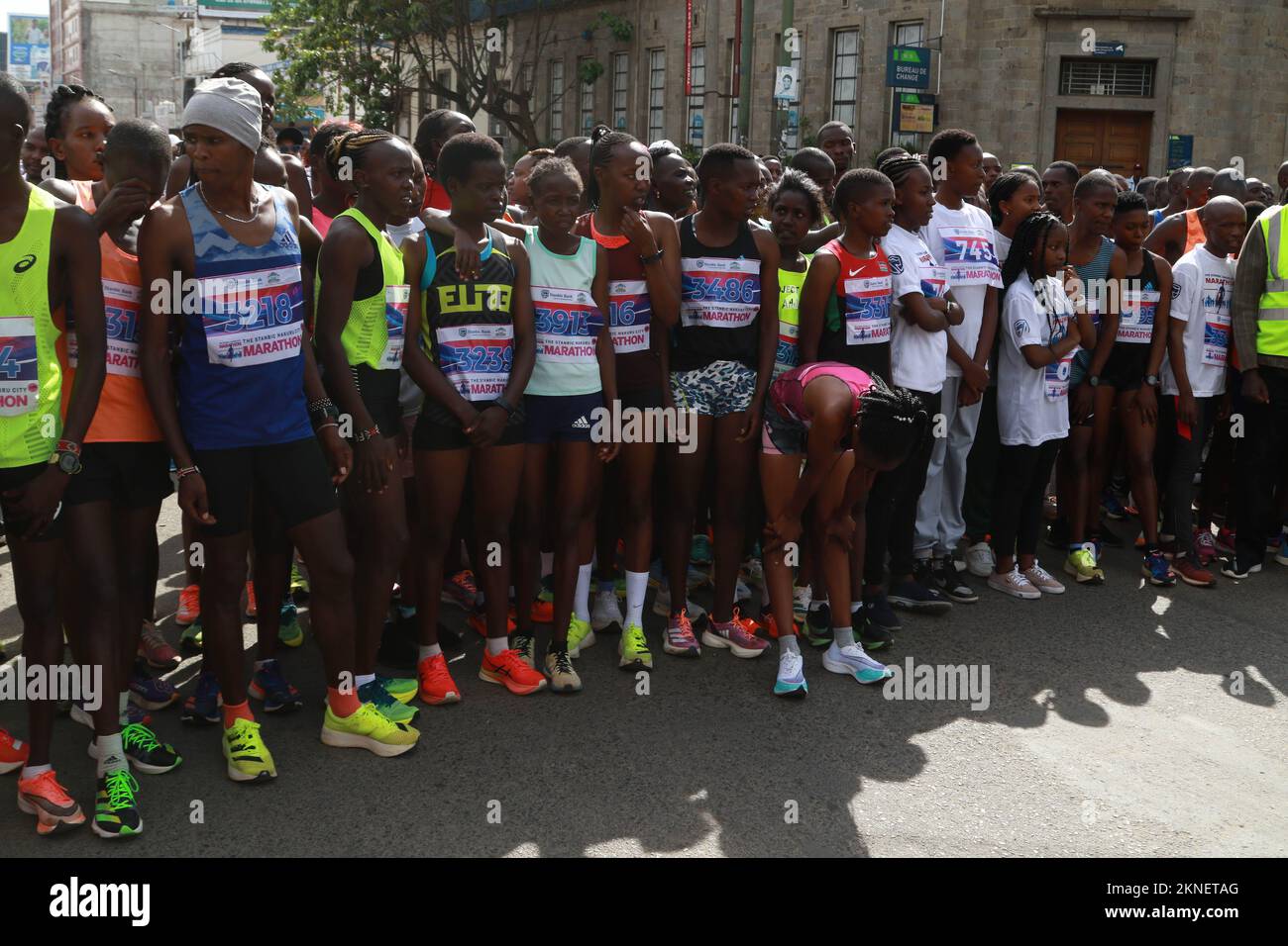 Nakuru, Kenya. 27th Nov, 2022. Athletes wait to start competing during the Stanbic Nakuru City Marathon held in Nakuru. This was the second annual marathon to be sponsored by the Stanbic Bank and Nakuru County Government, it consisted of 21km, 15km and 5km races. Credit: SOPA Images Limited/Alamy Live News Stock Photo