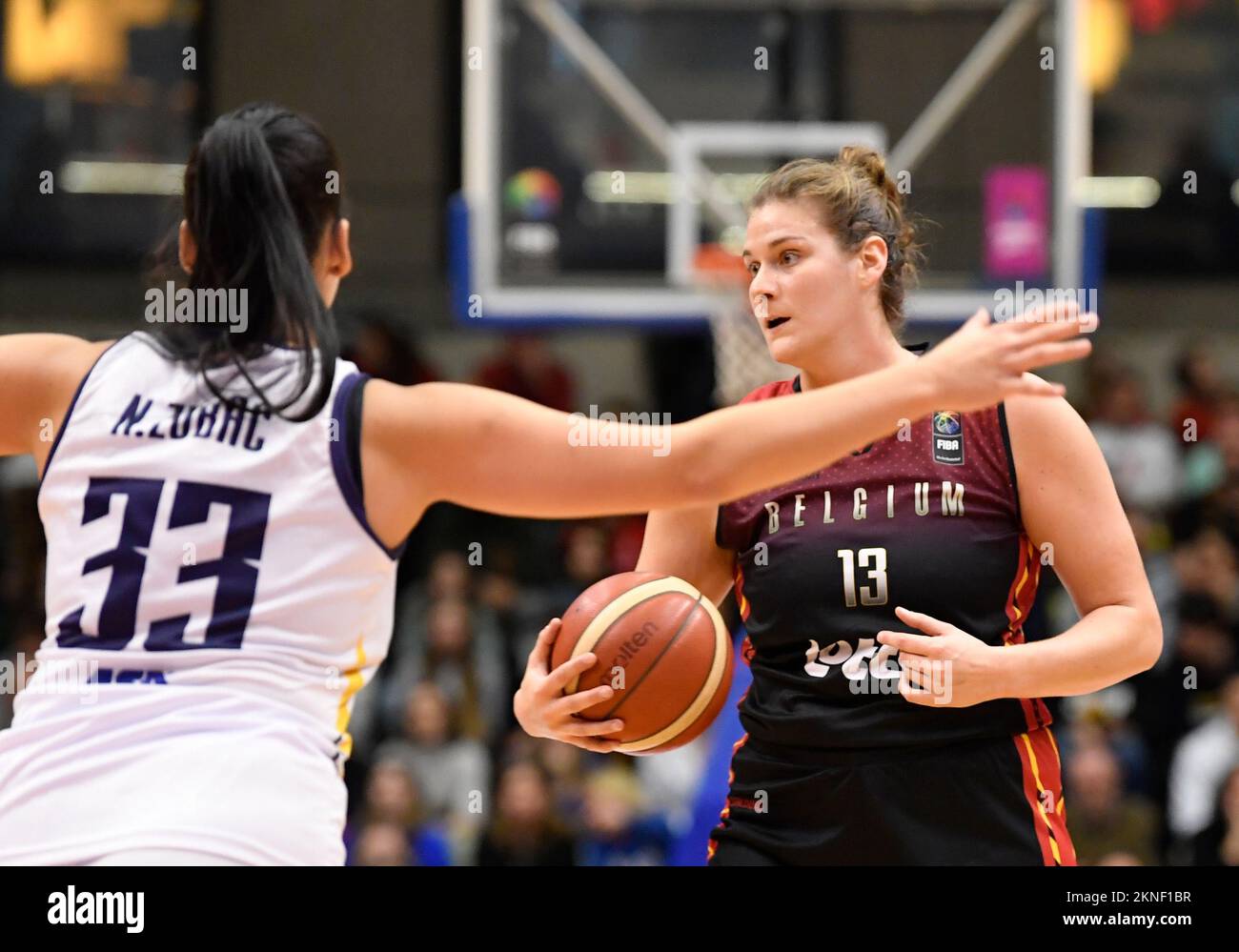 Belgium's Kyara Linskens controls the ball during a basketball game between Belgium's national team The Belgian Cats and Bosnia-Herzegovina, Sunday 27 November 2022 in Leuven, the fourth game in group A of the qualifications for the 2023 Women's Basketball European championships. BELGA PHOTO JOHN THYS Stock Photo