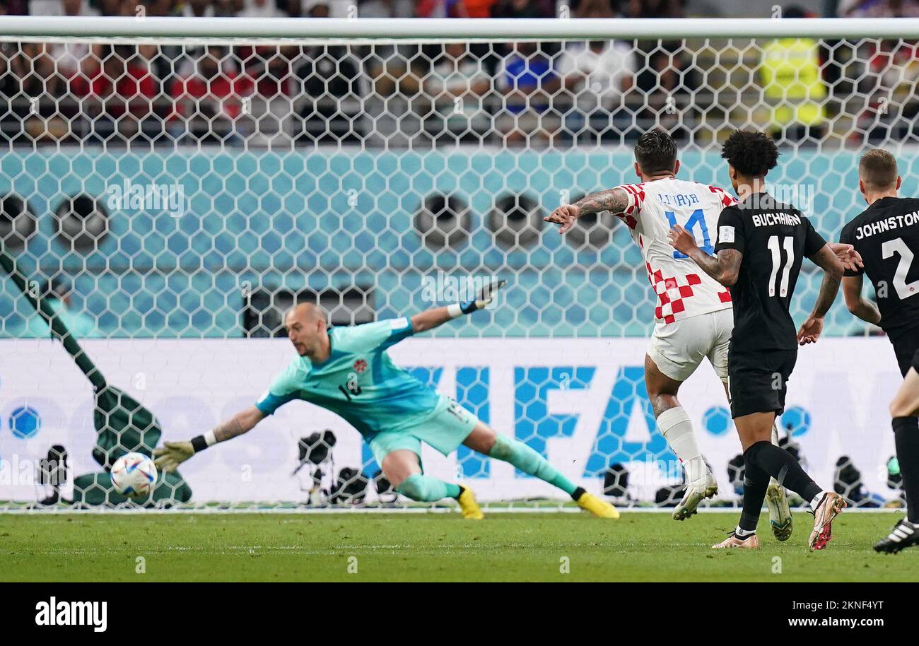 Croatias Marko Livaja scores their sides second goal of the game during the FIFA World Cup Group F match at the Khalifa International Stadium, Doha, Qatar
