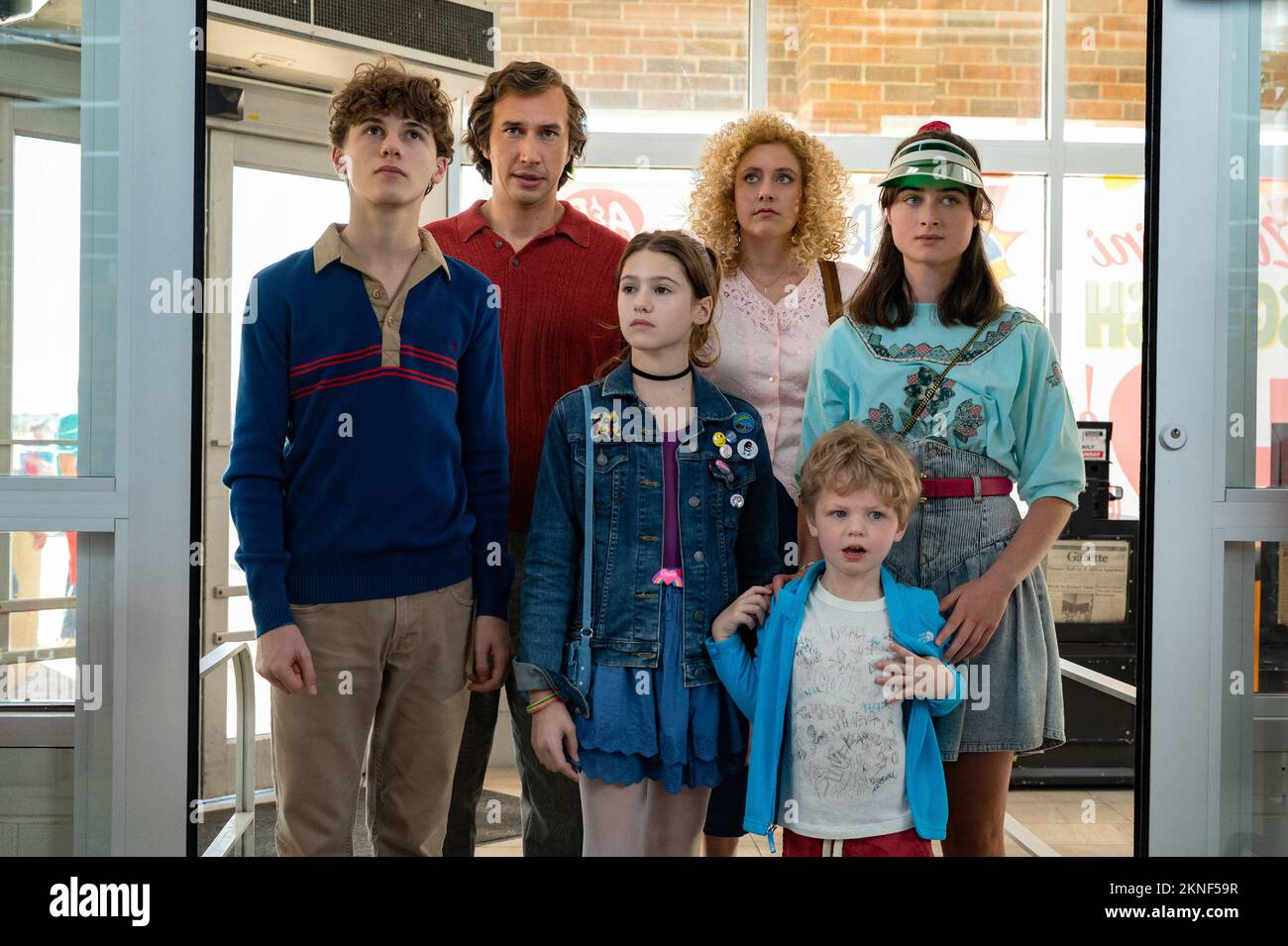 'White Noise' (2022). (L to R) Sam Nivola as Heinrich, Adam Driver as Jack, May Nivola as Steffie, Greta Gerwig as Babette, Dean Moore/Henry Moore as Wilder and Raffey Cassidy as Denise in 'White Noise' (2022). Photo credit: Wilson Webb/Netflix Stock Photo