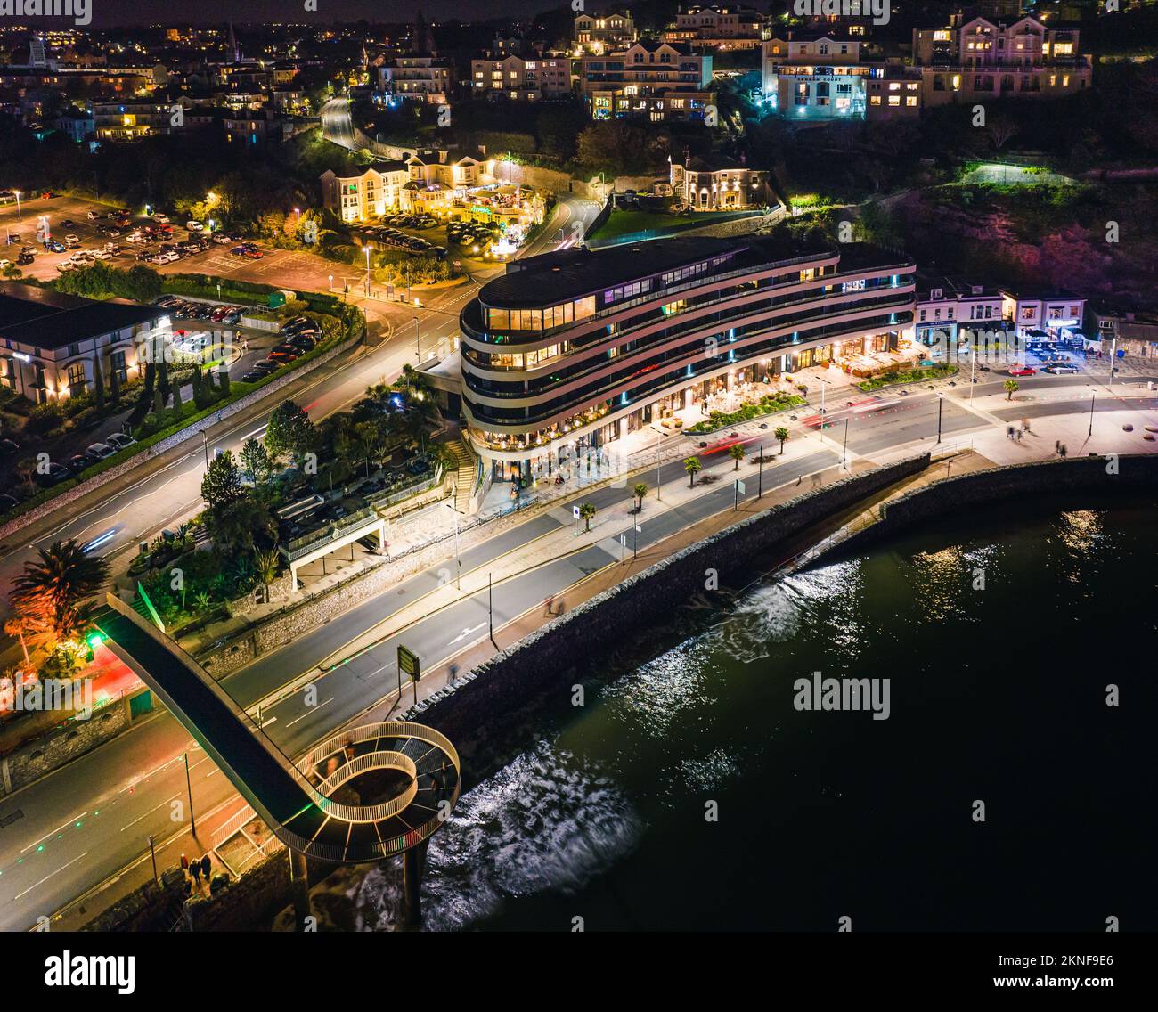 Night over Torbay Road and Torre Abbey Sands from a drone, Torquay