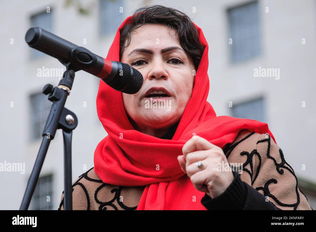 London, UK. 27th Nov, 2022. Fawzia Koofi, Afghan politician and activist, speaks. The March for Freedom for Afghan Women & Girls freedom and education, organised by Stand4NRF and March for Women makes its way from Marble through Westminster to Downing Street, where several speakers take to the stage to speak for Afghan women's rights and freedoms. Credit: Imageplotter/Alamy Live News Stock Photo