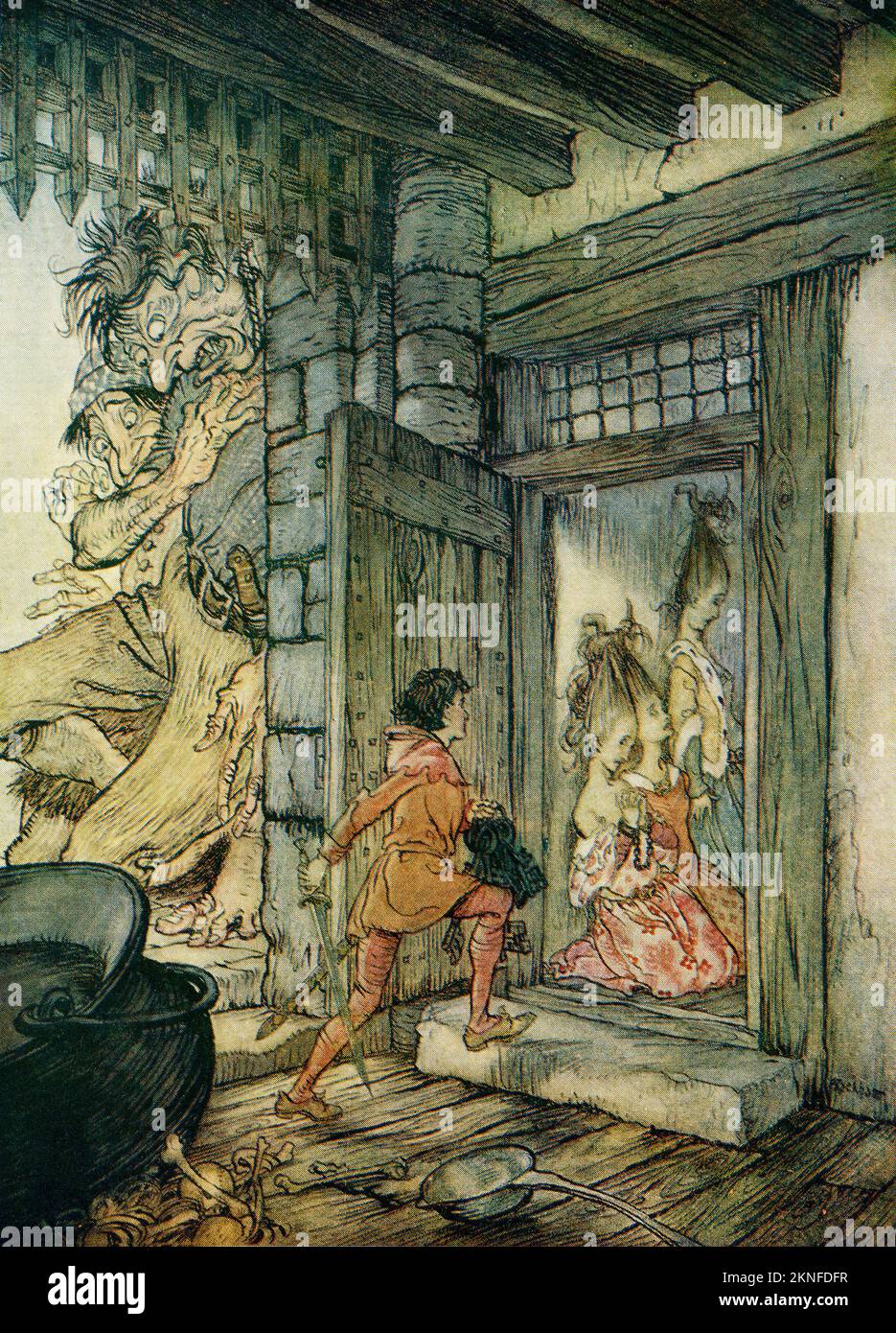 Taking the keys of the castle Jack unlocked all the doors.  Illustration to Jack the Giant Killer from the book English Fairy Tales retold by F.A. Steel with illustrations by Arthur Rackham, published 1927. Stock Photo