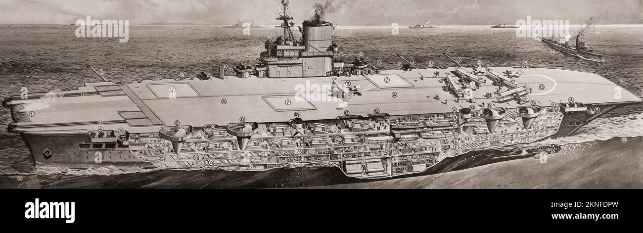 A cut away drawing of the aircraft carrier, Ark Royal.  From British Warships of the Royal Navy, published 1940 Stock Photo