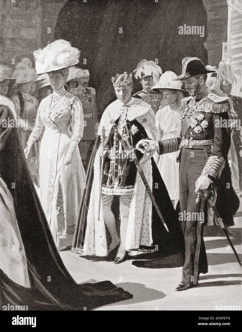 The Investiture of the Prince of Wales, Caernarvon Castle, Wales, 1911. From left to right, Mary of Teck, 1867 – 1953.  Queen consort of the United Kingdom.  Edward VIII, 1894 – 1972. Prince of Wales and future King of the United Kingdom. George V, 1865 – 1936.  King of the United Kingdom. Stock Photo