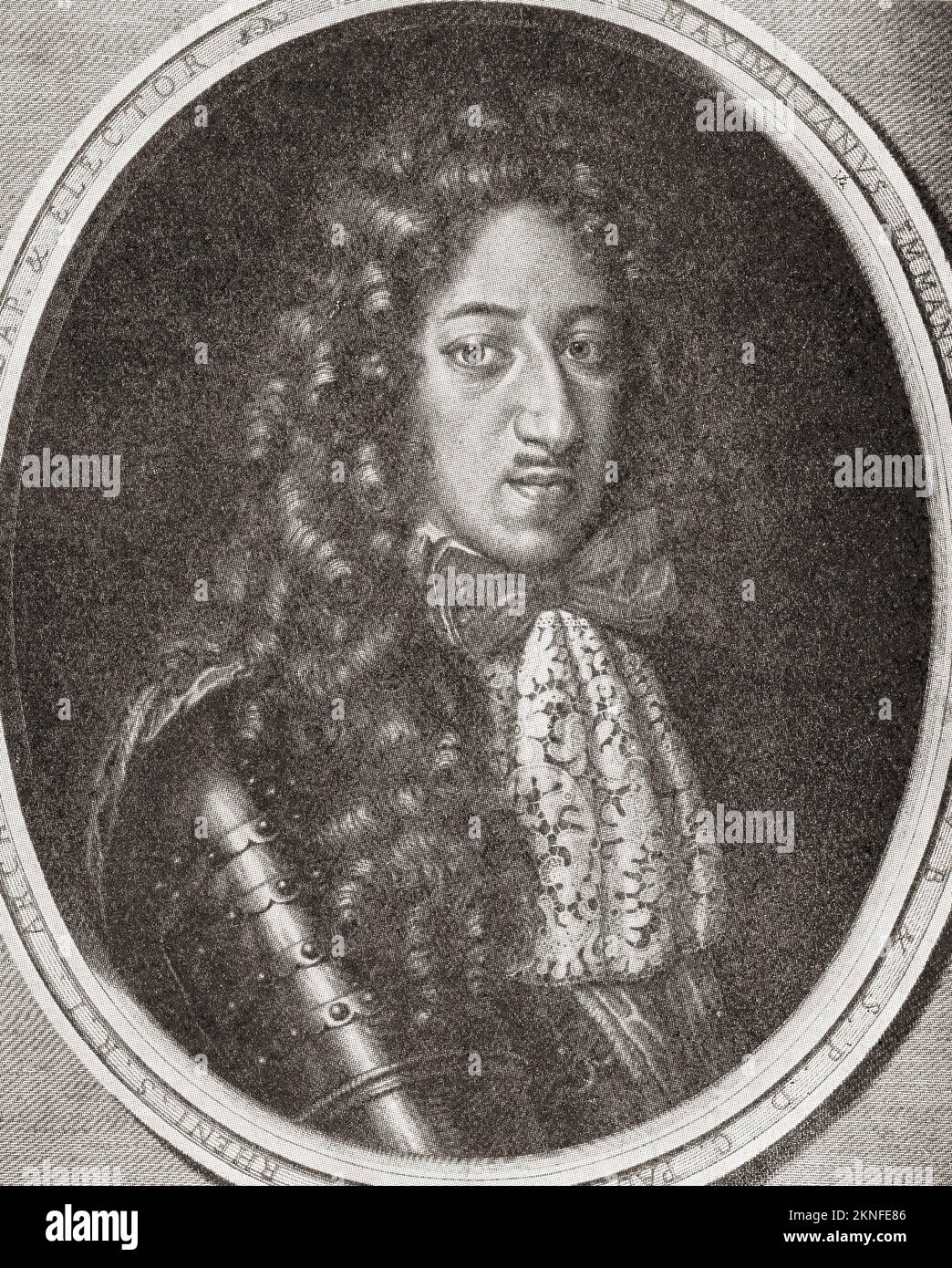 Maximilian II, 1662 –  1726, aka Max Emanuel or Maximilian Emanuel.  A Wittelsbach ruler of Bavaria, Prince-elector of the Holy Roman Empire, last governor of the Spanish Netherlands and Duke of Luxembourg.  From Modes and Manners, published 1935. Stock Photo