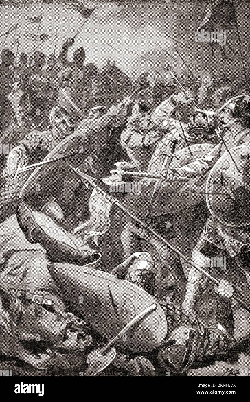 The Battle of Hastings, 1066, fought between the Norman-French army of William, the Duke of Normandy, and an English army under the Anglo-Saxon King Harold Godwinson.  From History of England, published 1907 Stock Photo