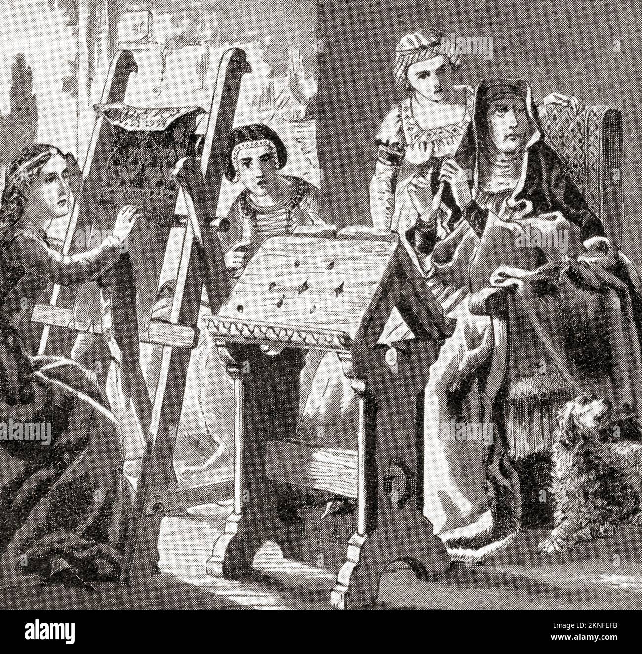 Ladies at work in the 11th century.  From History of England, published 1907 Stock Photo