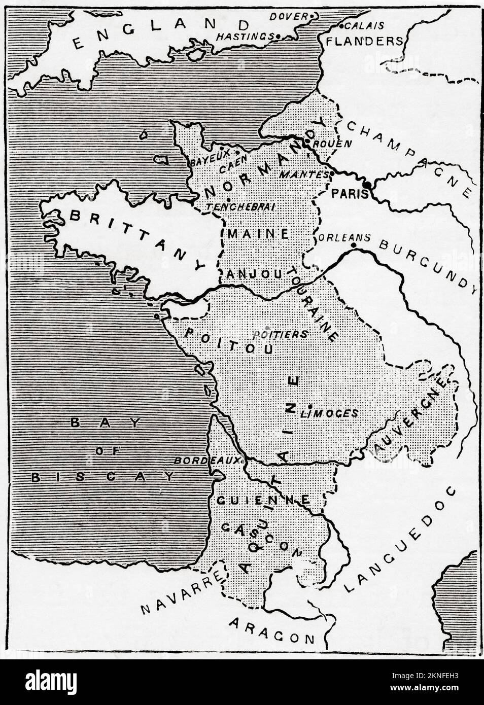 Map showing the possessions in France in the time of Henry II, shown in the tinted portion.  From History of England, published 1907 Stock Photo