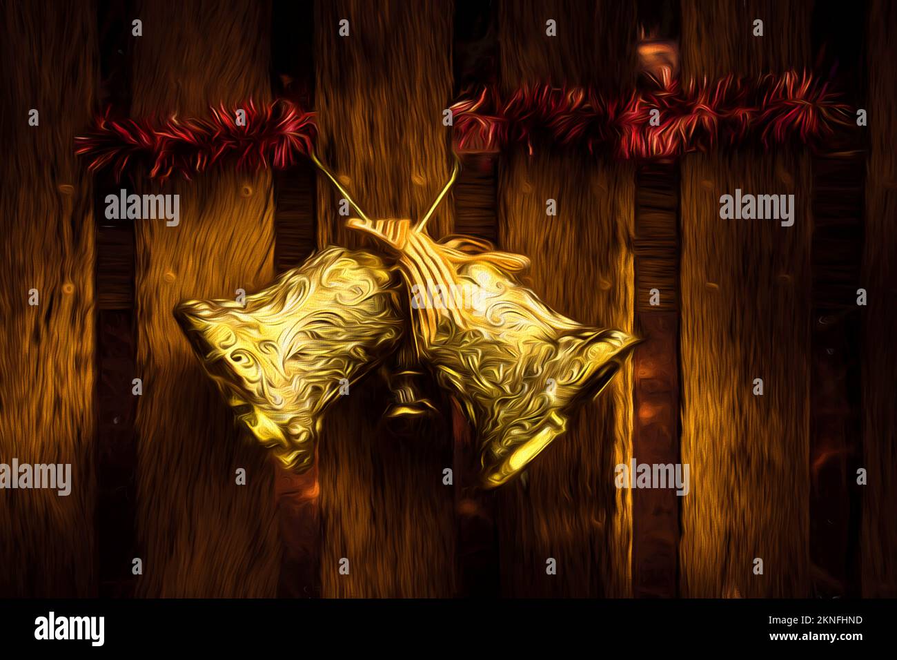 Digital painting of gold jingle bells hanging from a wooden fence
