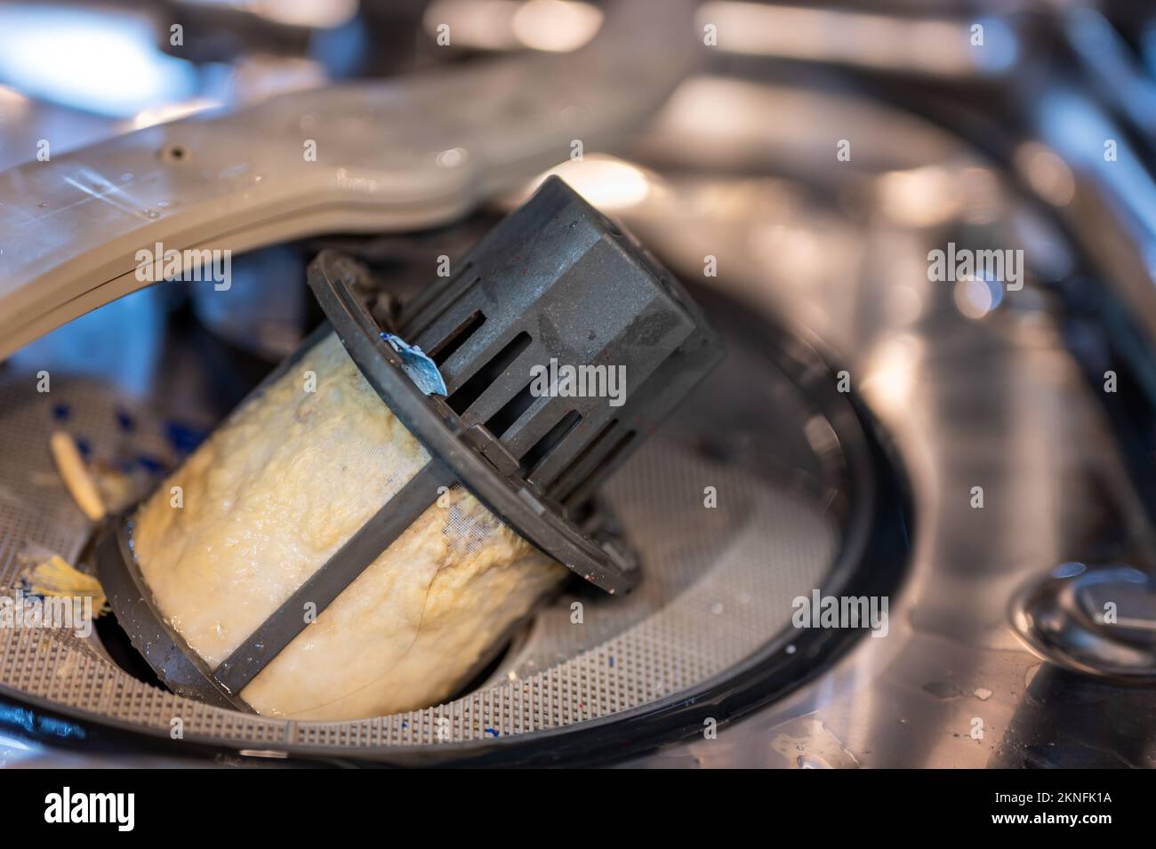 Food and grime coating a dishwasher filter that has been removed for