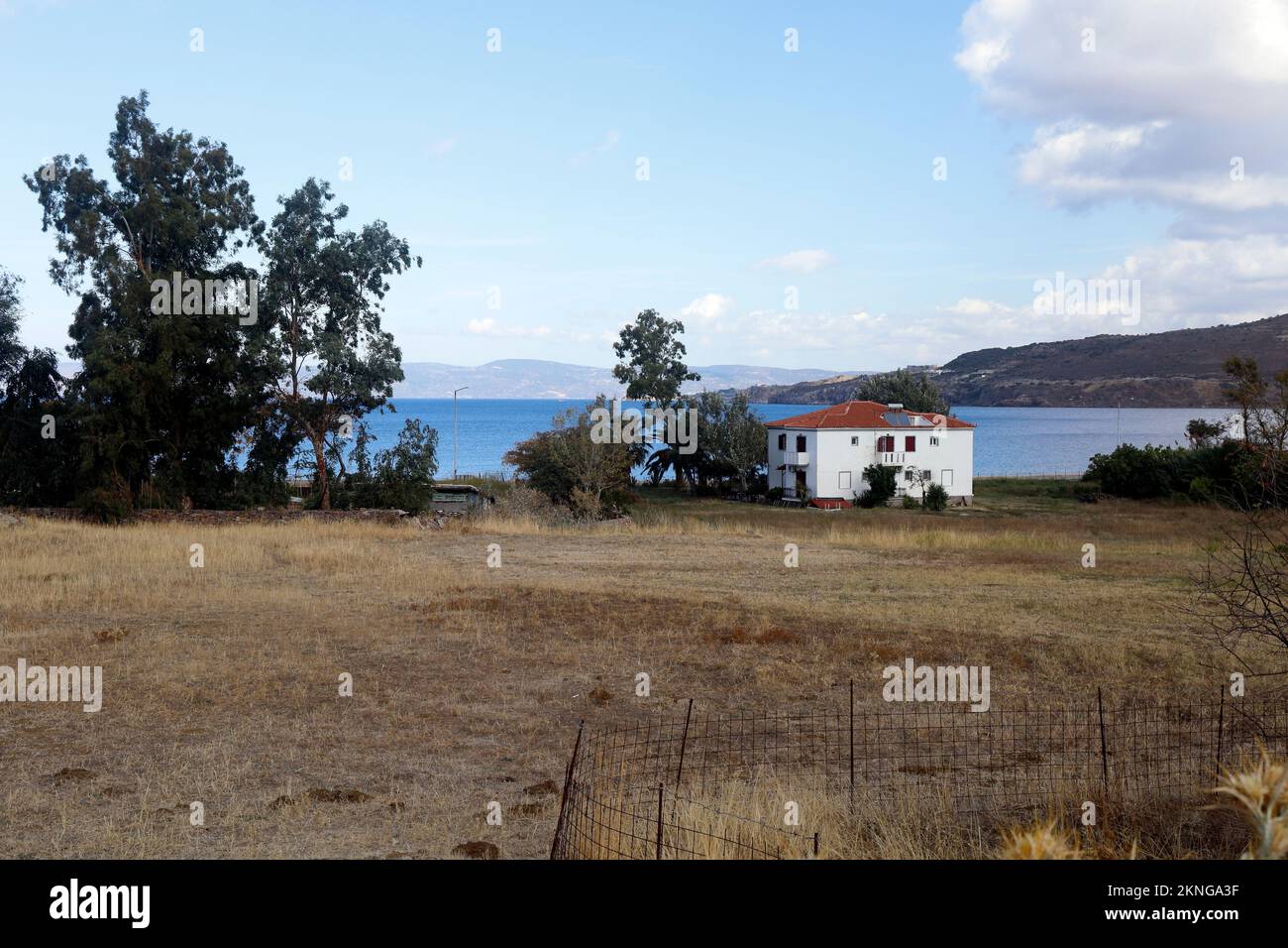 White house by the sea at Petra, Lesbos , Sept / Oct 2022. Stock Photo