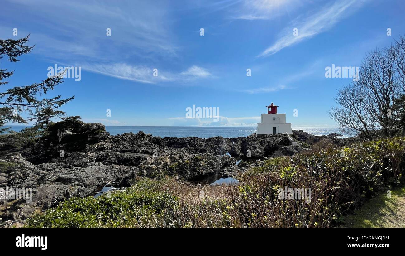 Amphitrite Point Lighthouse in Ucluelet on Vancouver Island, British Columbia, Canada Stock Photo