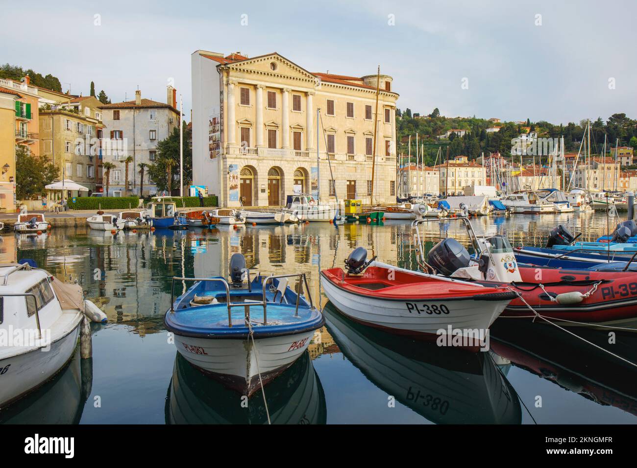 Piran, Primorska, Slovenia.  Looking across the harbour to the Museum of the Sea. Stock Photo