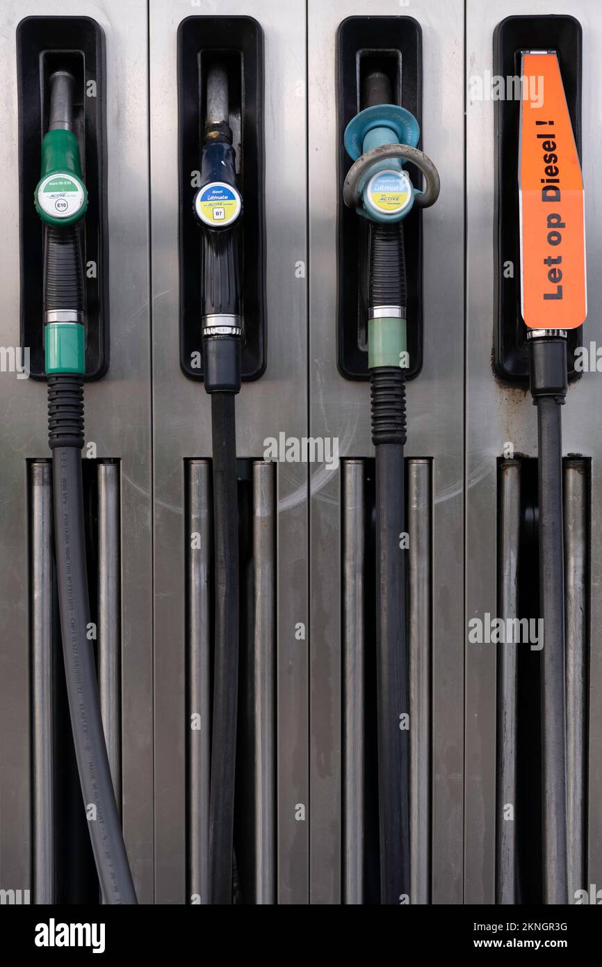 Gas station fuel pumps for different types of gasoline and diesel