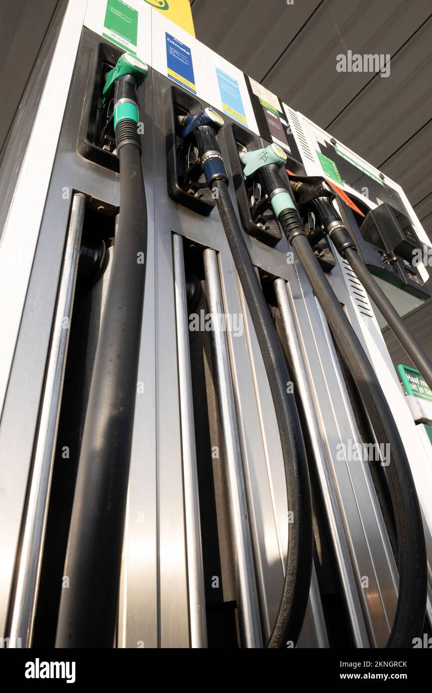 Gas station fuel pumps for different types of gasoline and diesel. Seen