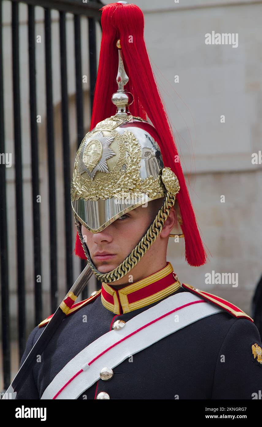 Household Cavalry Soldier Of The Blues And Royals On Sentry Duty In Brass Helmet With Red Plume, Whitehall London UK Stock Photo