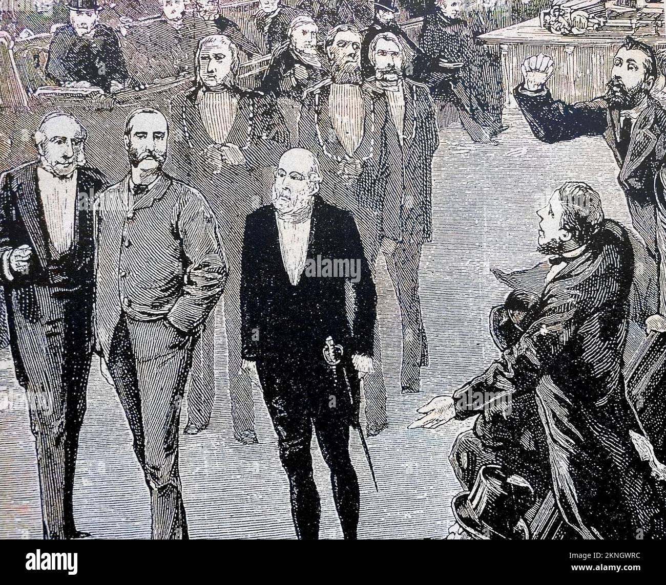 CHARLES PARNELL (1846-1891) Irish nationalist is escorted from the House of Commons with other Irish Members on 21 February 1881 for disregarding the authority of the Speaker Stock Photo