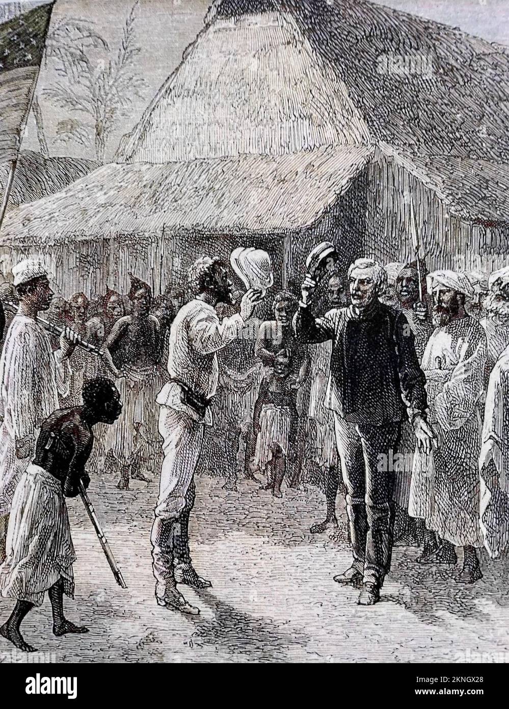 DAVID LIViNGSTONE at right is greeted by  Henry Morton Stanley at Ujiji on the shores of Lake Tanganyika on 10 November 1871. Stock Photo