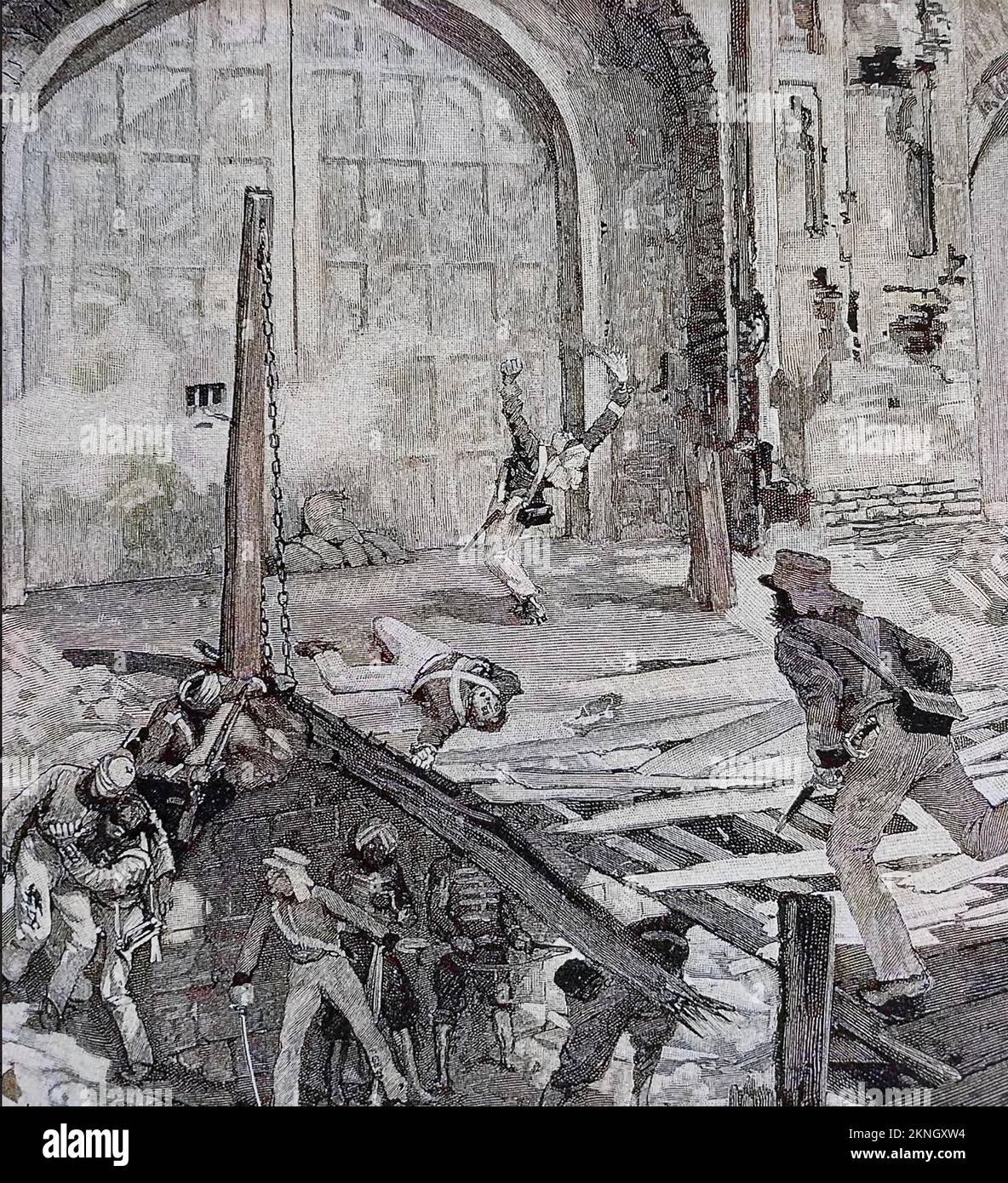 INDIAN MUTINY 1857. British troops blow up the Cashmere Gate in Delhi on 14th September.  Lieutenant Duncan Charles Home and Philip Salkeld of the Bengal Engineers are killed. Both were awarded posthumous VCs. Stock Photo