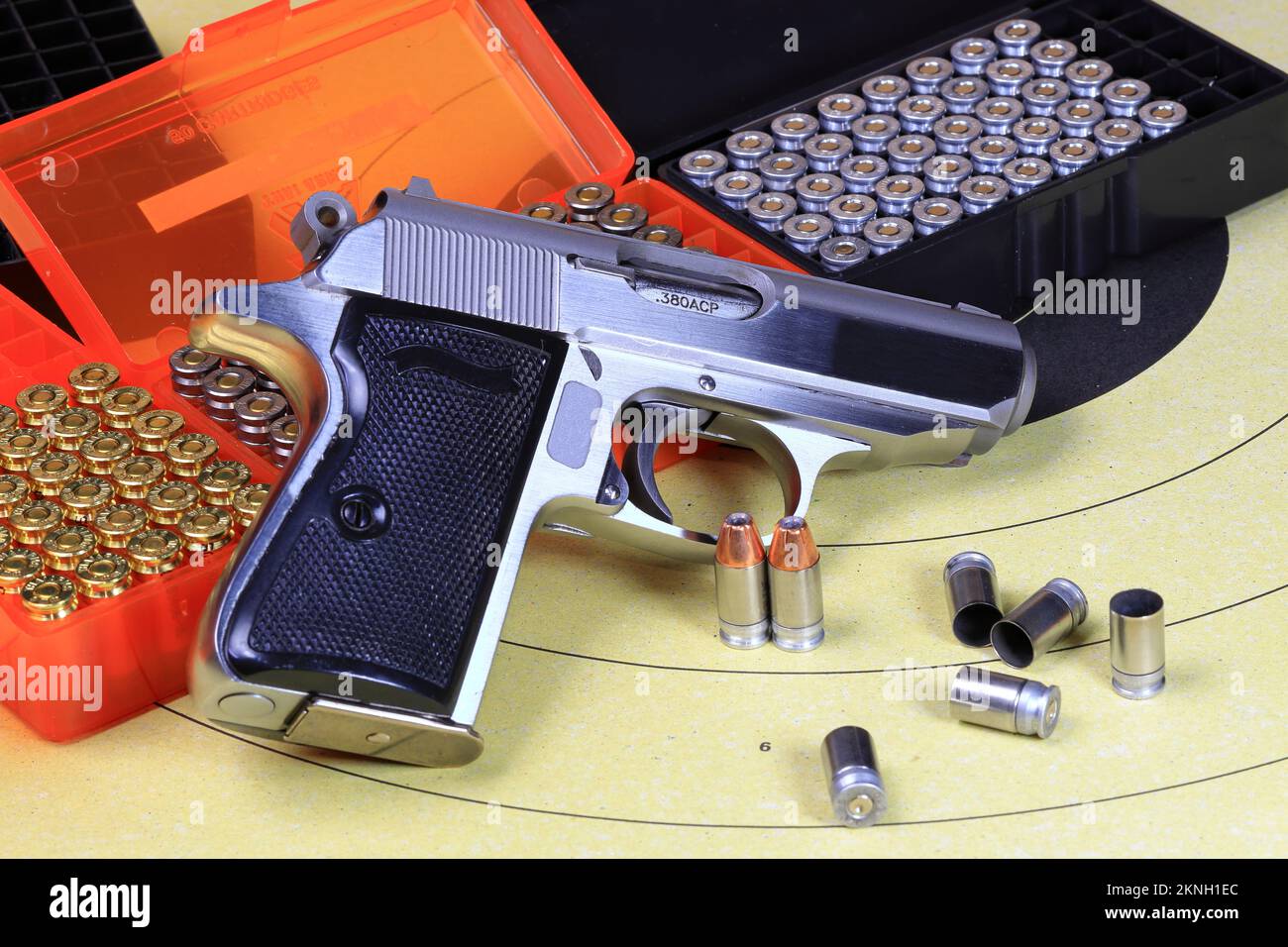 Gun and shooting target With Bullet Holes, bullets and shells or cartridge. Classic Paper