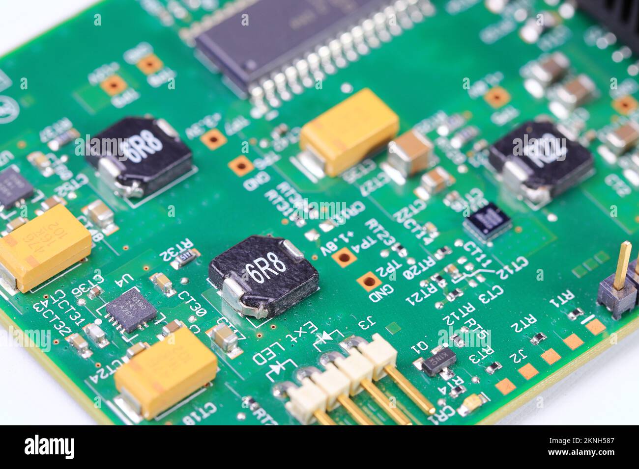electronics circuit board with components and pin connector, 4 pin