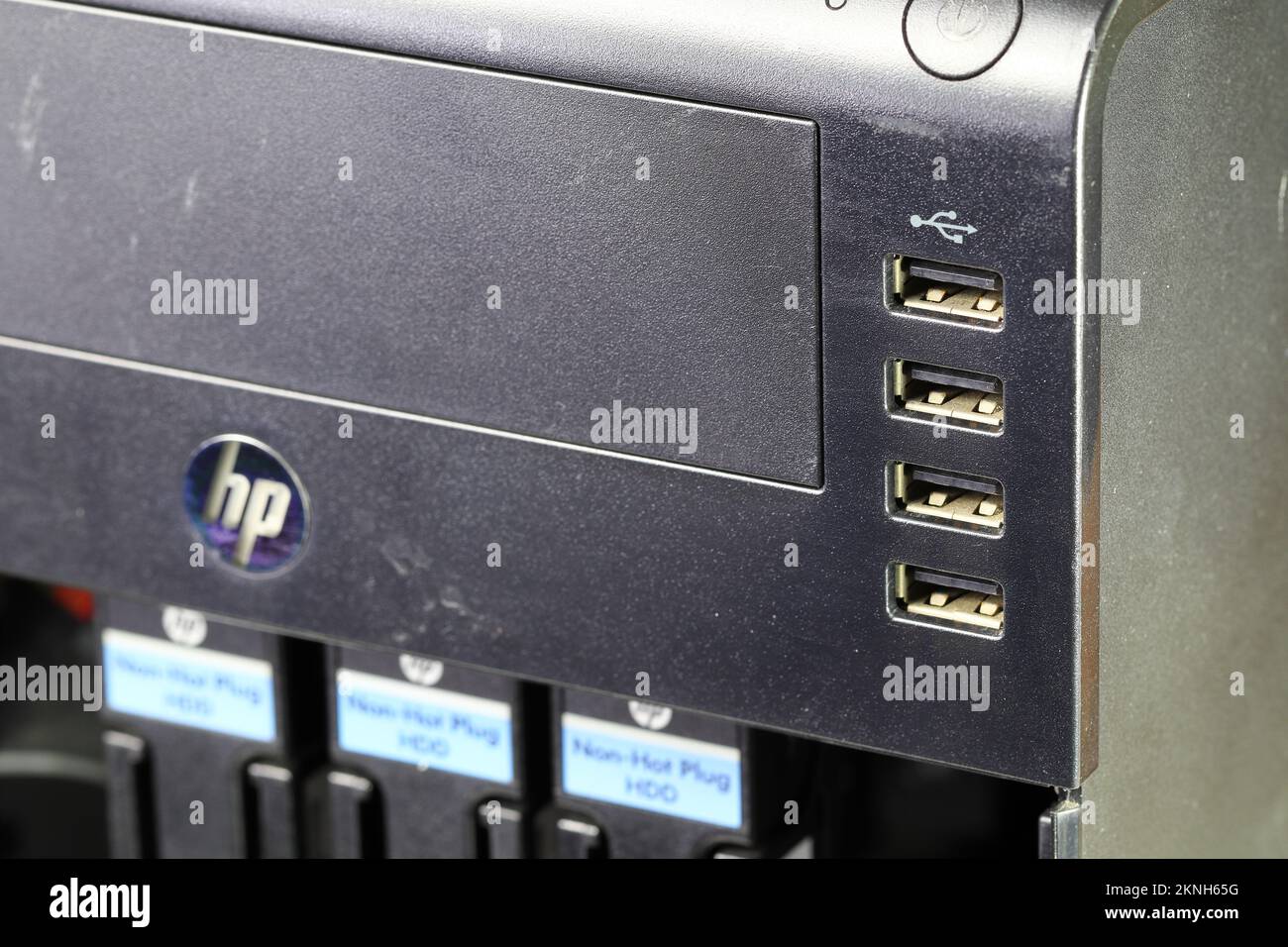 Close up USB ports on the front of the computer server. Stock Photo