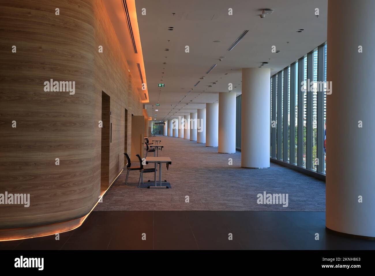 The Illuminated long and clean corridor of modern building, exhibition