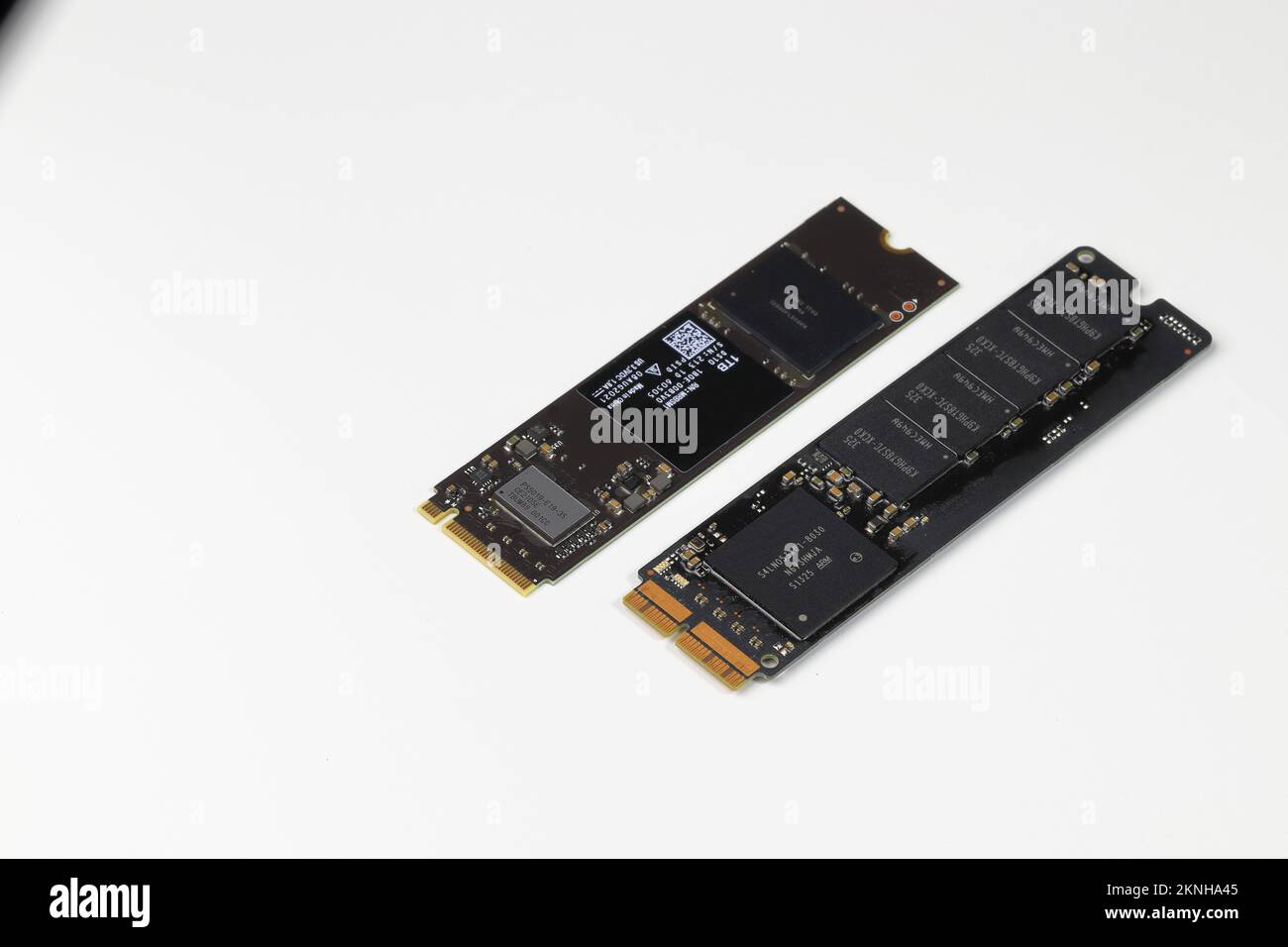 solid state drives for computer M.2 NVME PCIe, and Apple Proprietary 12+16 pin connector NVME isolated on white background. Stock Photo