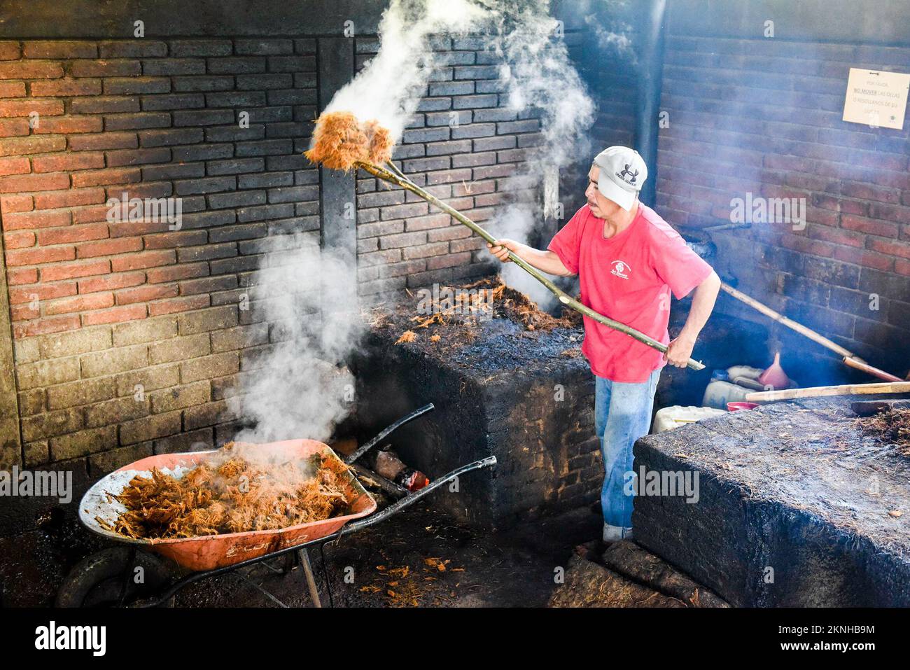After the first distillation process of the crushed agave hearts, the