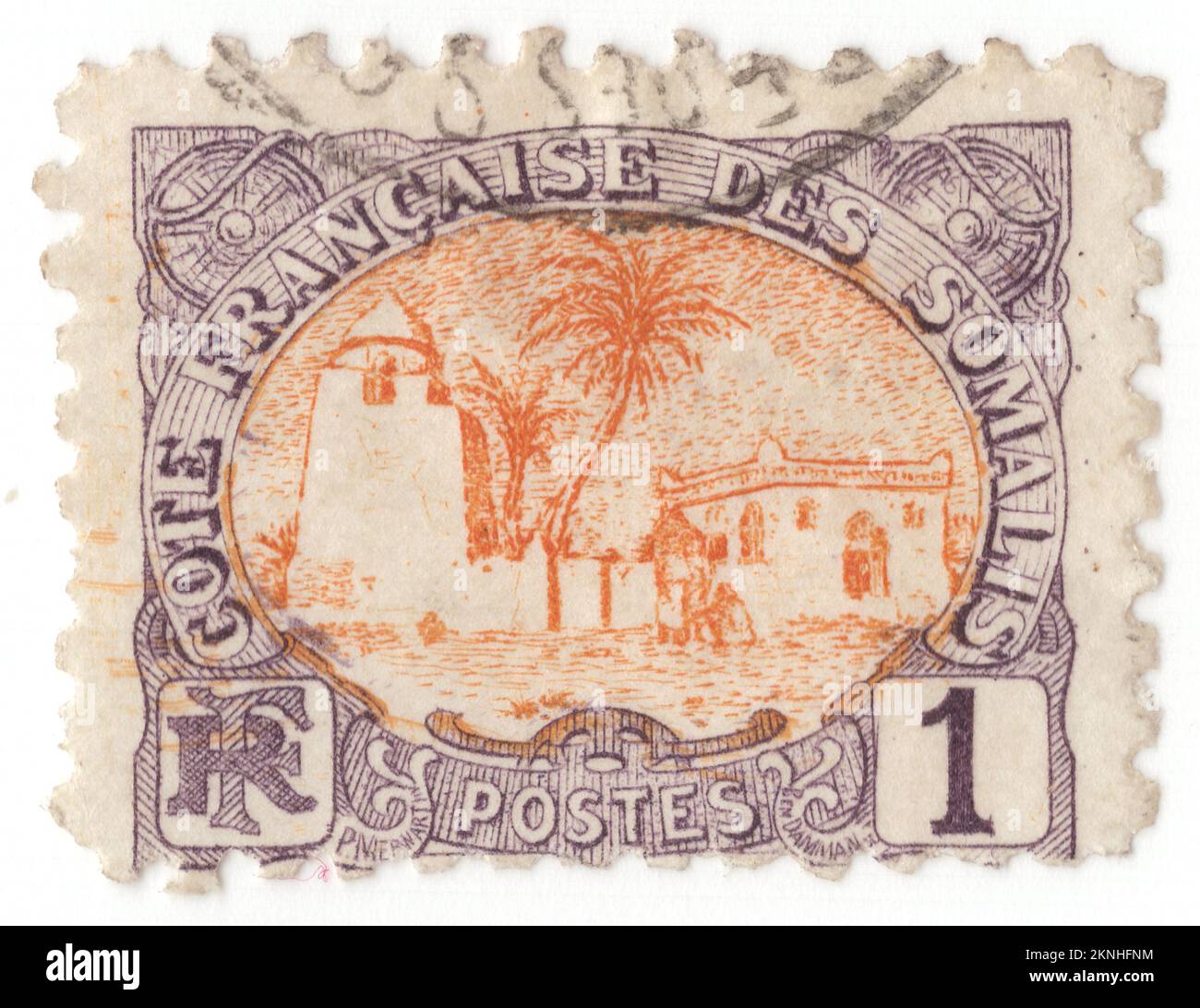 FRENCH SOMALI COAST DJIBOUTI - 1902: An 1 centime brown-violet and orange postage stamp depicting Tadjoura Mosque. Tadjoura is one of the oldest towns in Djibouti and the capital of the Tadjourah Region. The town evolved into an early Islamic center with the arrival of Muslims shortly after the Hijra. An important port for many centuries, it was ruled by a succession of polities, including the Ifat Sultanate, Adal Sultanate, the Ottoman Empire, France until Djibouti's independence in 1977. Lying on the Gulf of Tadjoura, it is home to a population of around 45,000 inhabitants Stock Photo