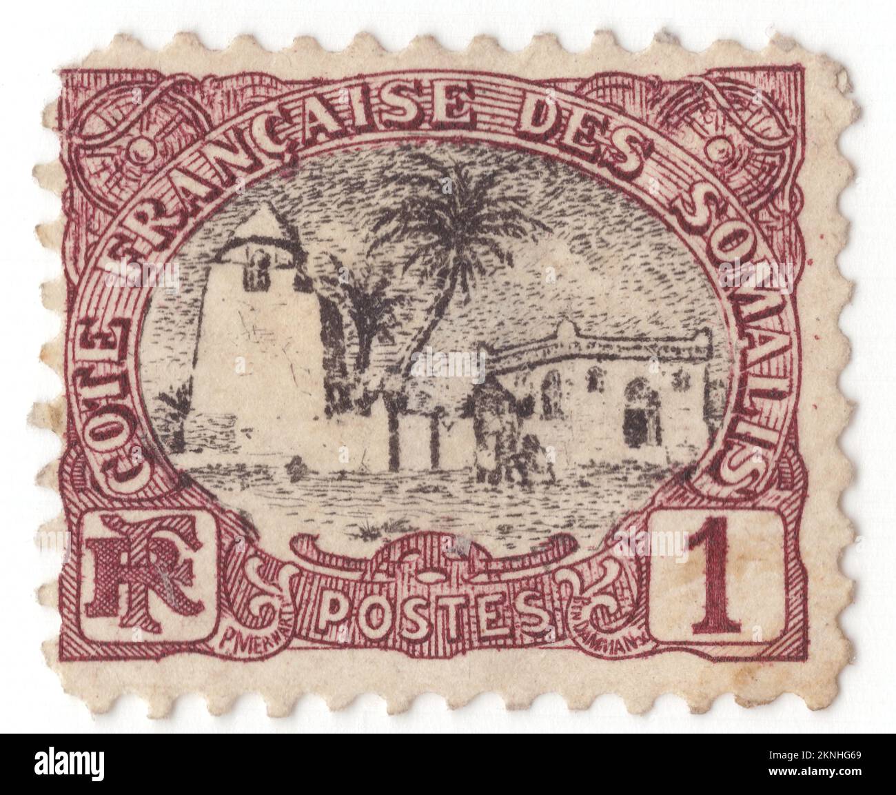 FRENCH SOMALI COAST DJIBOUTI - 1903: An 1 centime brown-violet and orange postage stamp depicting Tadjoura Mosque. Tadjoura is one of the oldest towns in Djibouti and the capital of the Tadjourah Region. The town evolved into an early Islamic center with the arrival of Muslims shortly after the Hijra. An important port for many centuries, it was ruled by a succession of polities, including the Ifat Sultanate, Adal Sultanate, the Ottoman Empire, France until Djibouti's independence in 1977. Lying on the Gulf of Tadjoura, it is home to a population of around 45,000 inhabitants Stock Photo