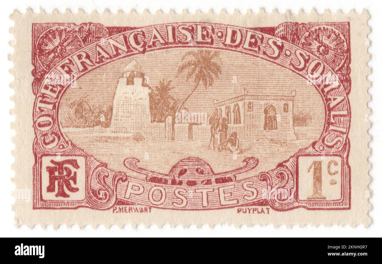 FRENCH SOMALI COAST DJIBOUTI - 1909: An 1 centime maroon and brown postage stamp depicting Tadjoura Mosque. Tadjoura is one of the oldest towns in Djibouti and the capital of the Tadjourah Region. The town evolved into an early Islamic center with the arrival of Muslims shortly after the Hijra. An important port for many centuries, it was ruled by a succession of polities, including the Ifat Sultanate, Adal Sultanate, the Ottoman Empire, France until Djibouti's independence in 1977. Lying on the Gulf of Tadjoura, it is home to a population of around 45,000 inhabitants Stock Photo