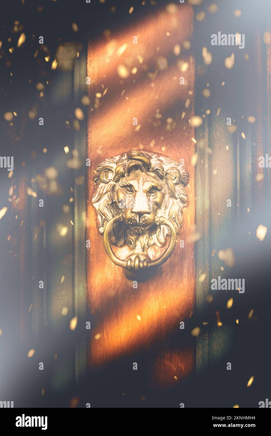 Domestic house details on a front door lion knocker underneath the