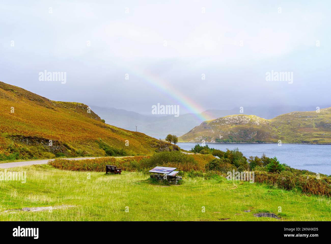 Lairg, UK - October 02, 2022: View of coastal landscape and a rainbow in Newton, Northwest Highlands, Scotland, UK Stock Photo