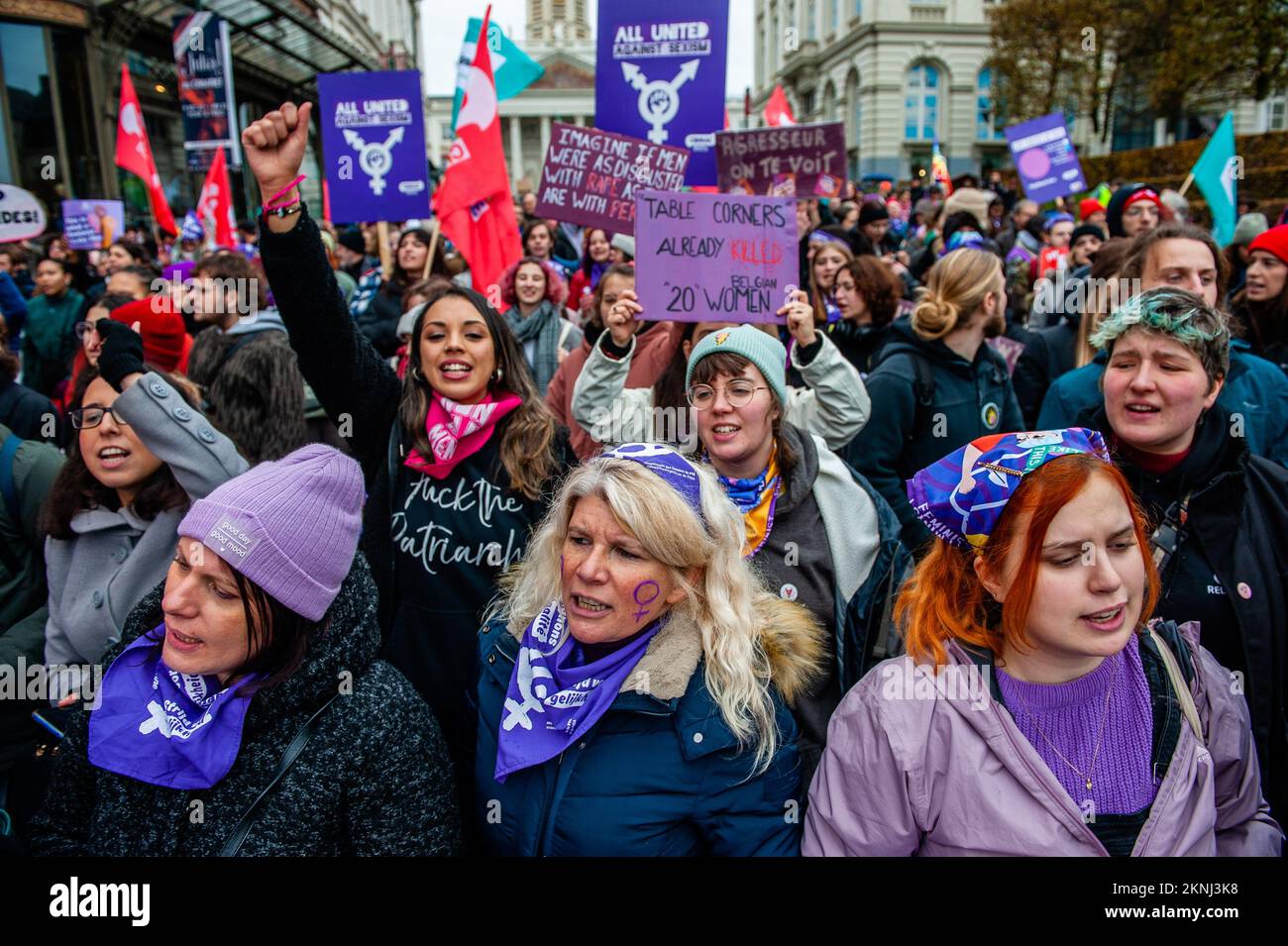 Women wearing purple clothes are seen shouting slogans against machismo violence during the demonstration. For the sixth consecutive year, the civil society associations federated by the 'Mirabal Belgium' platform are calling for a new National Demonstration to fight against violence against women and to encourage public authorities to fully assume their responsibilities in the fight against violence against women. In Belgium, 152 women have died since 2017, plus 20 so far in 2022. Thousands of people gathered in the center of Brussels to send a strong signal on this day for the elimination of Stock Photo