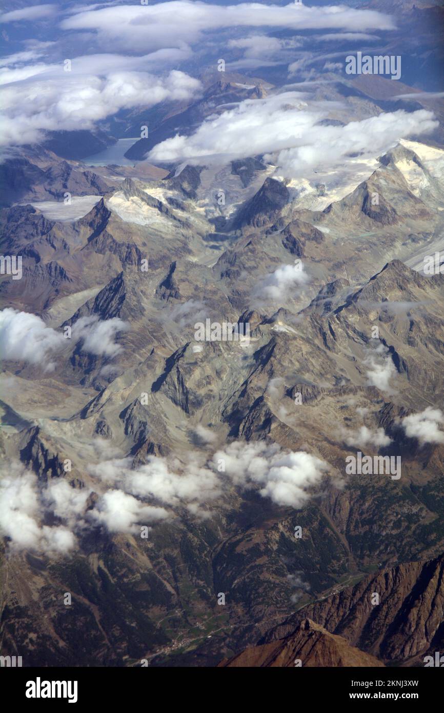 An aerial view of the Italian Alps in the Po River Basin, located just south of the border with France and Switzerland, in northern Italy. Stock Photo