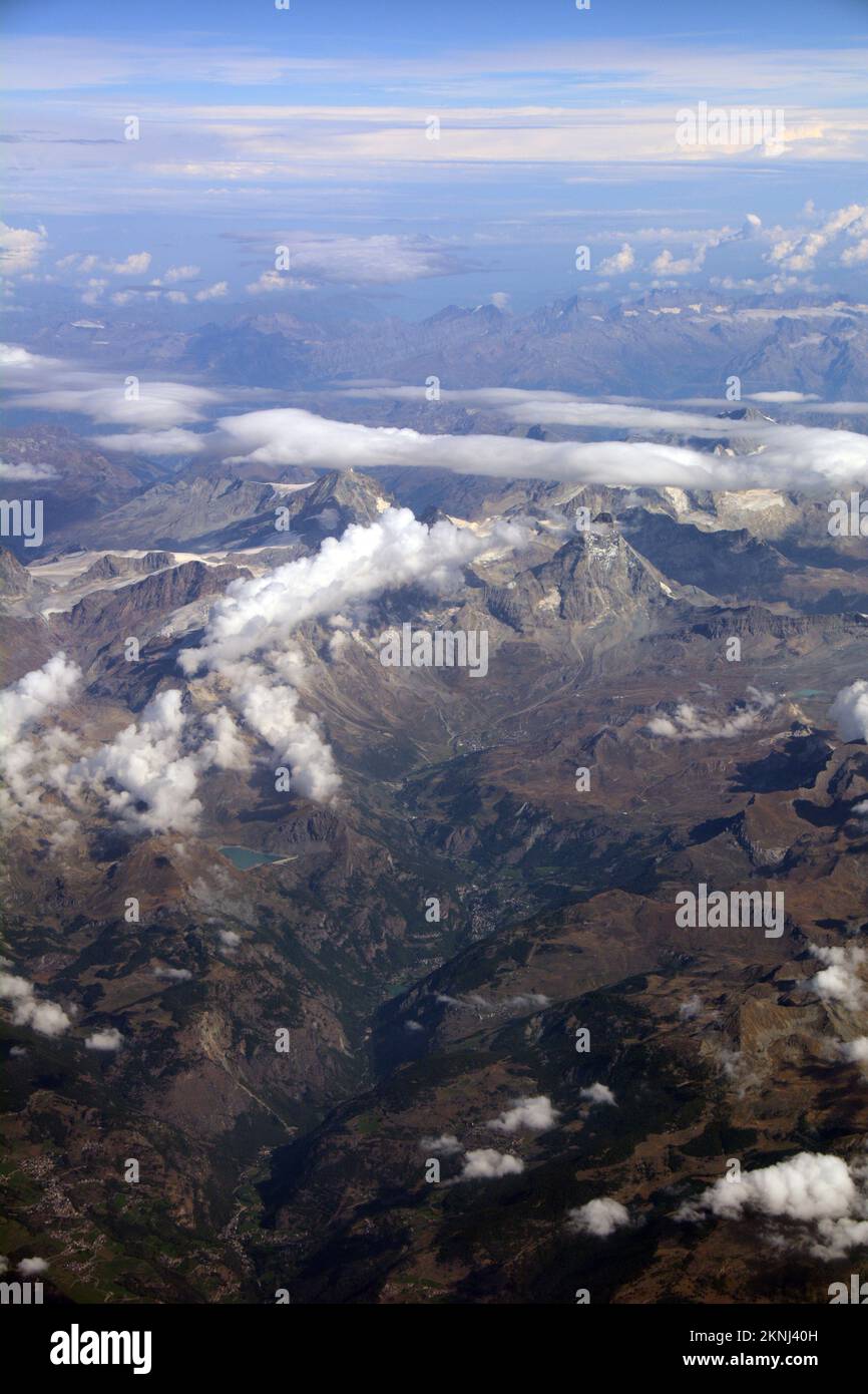 An aerial view of the Italian Alps in the Po River Basin, located just south of the border with France and Switzerland, in northern Italy. Stock Photo