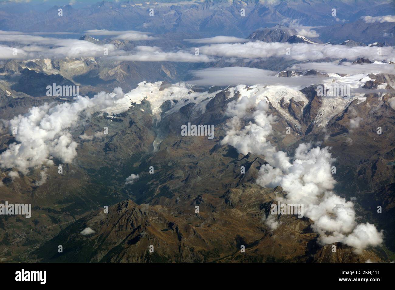 An aerial view of the Italian Alps in the Po River Basin, located just south of the border with France and Switzerland, in northern Italy. Stock Photo