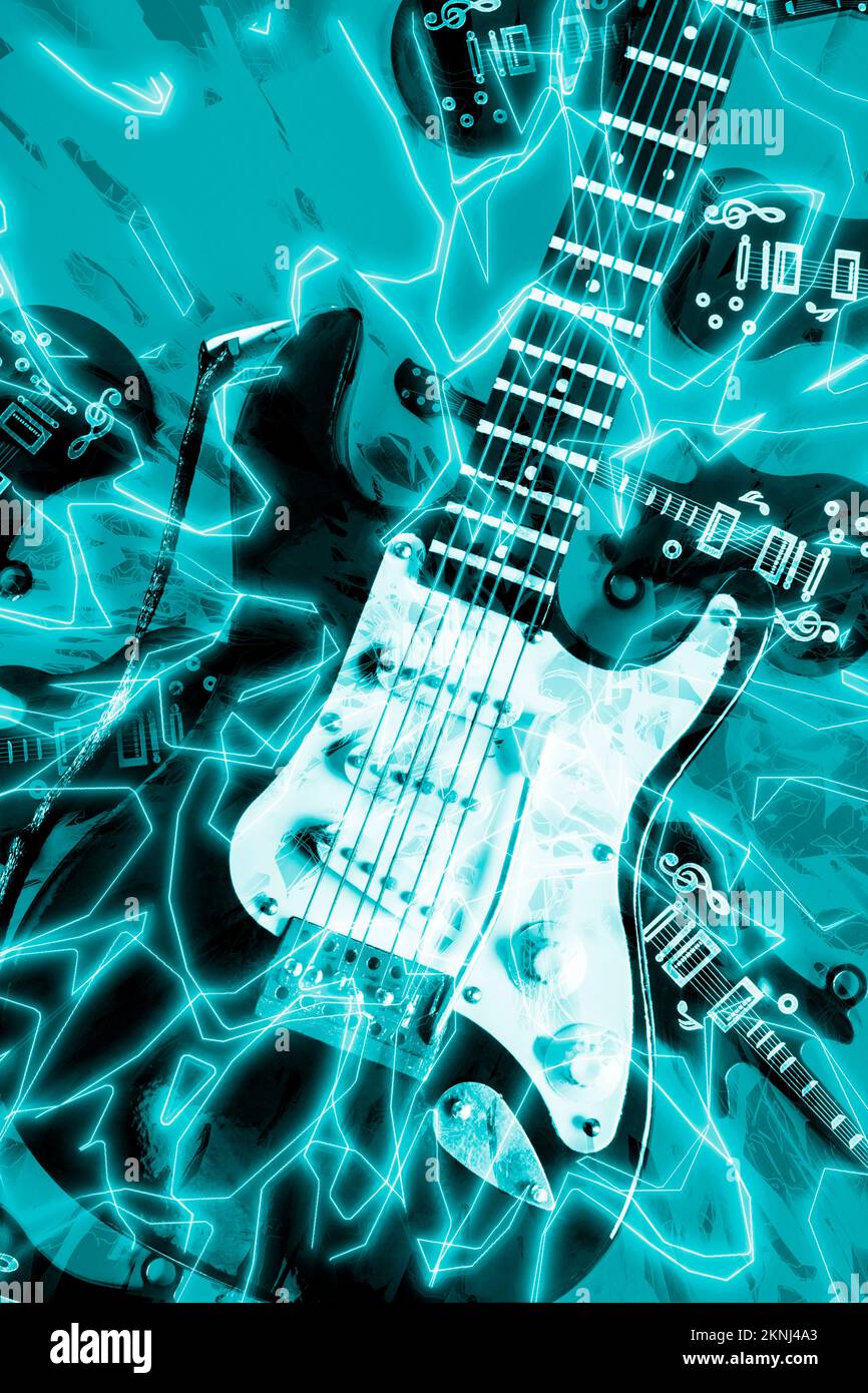 Sound wave in musical solo with stringed electric guitar in nitro neon