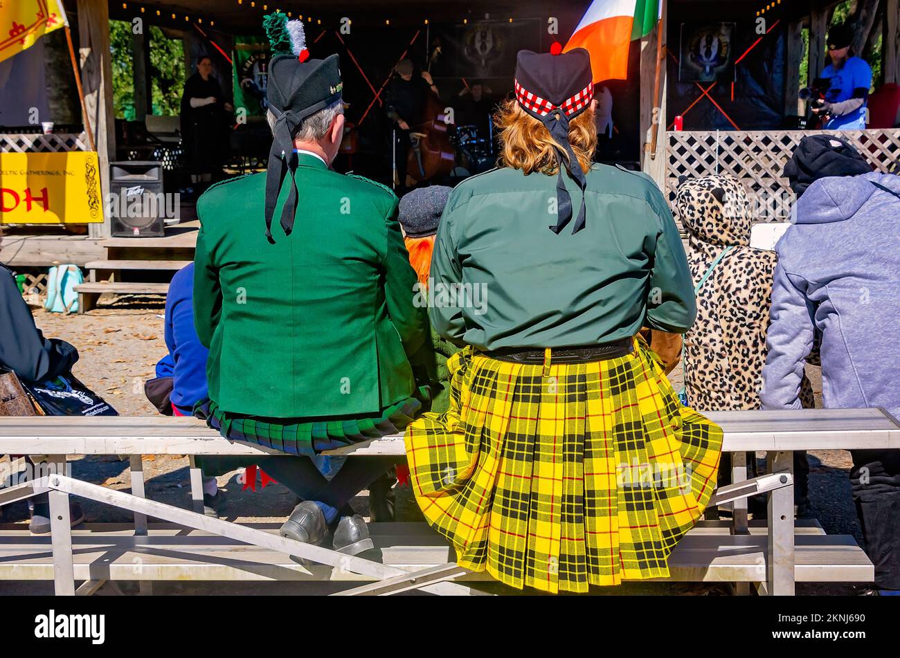 Men wear traditional Scottish kilts and Glengarries at the annual Scottish Highland Games, Nov. 13, 2022, in Gulfport, Mississippi. Stock Photo