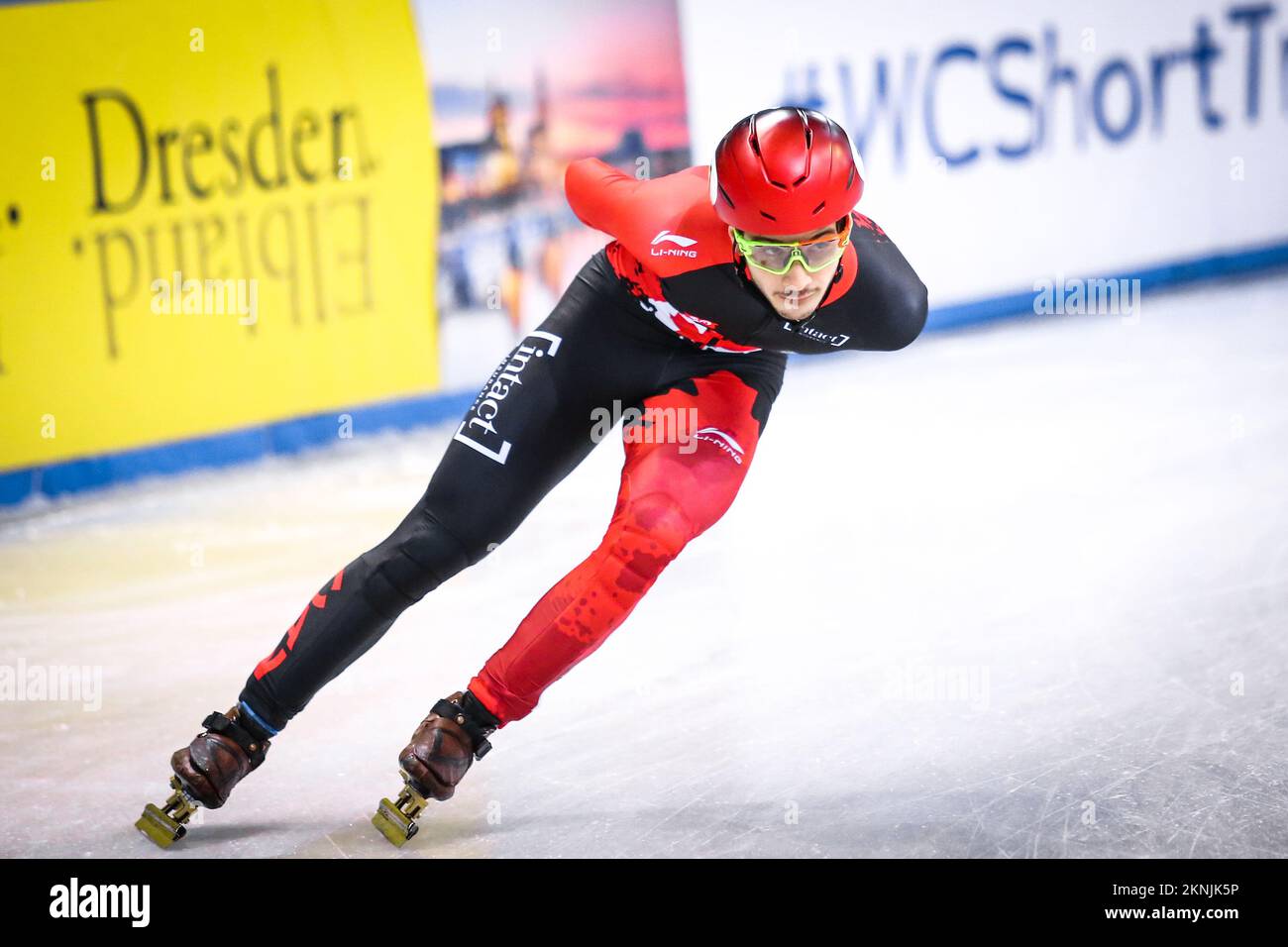 Dresden, Germany, February 02, 2019: male speed skater Samuel Girard of Canada competes during the ISU Short Track Speed Skating World Championships Stock Photo