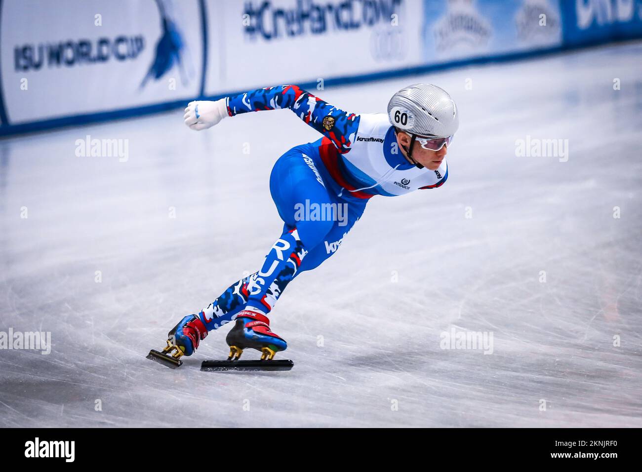Dresden, Germany, February 03, 2019: male speed skater Alexander Shulginov of Russia competes during the ISU Short Track Speed Skating Stock Photo