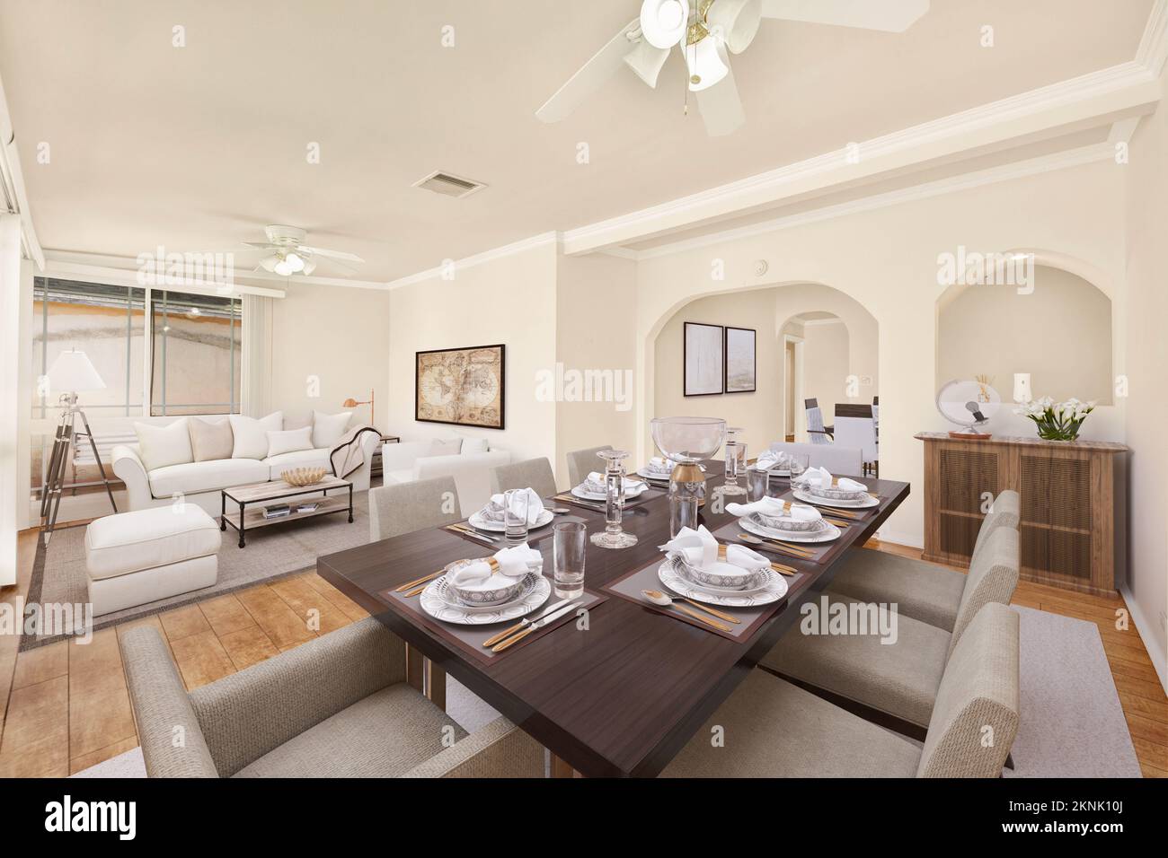 A beautiful 3D rendered design of large living room, dining room with ...