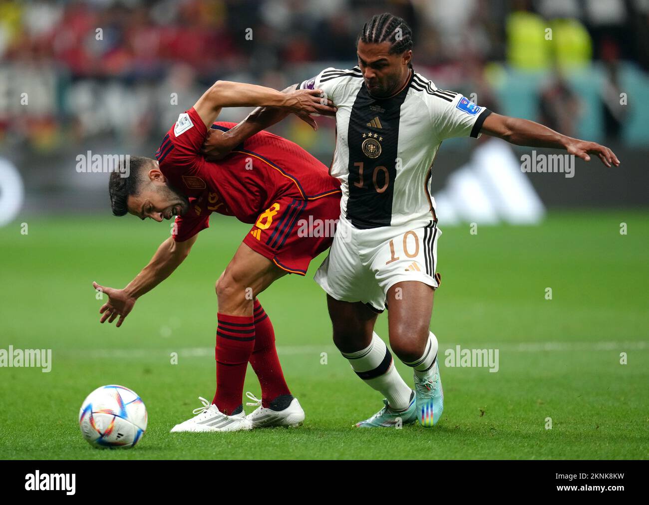 Spain's Jordi Alba (left) and Germany's Serge Gnabry battle for the ball during the FIFA World Cup Group E match at the Al Bayt Stadium, Doha, Qatar. Picture date: Sunday November 27, 2022. Stock Photo