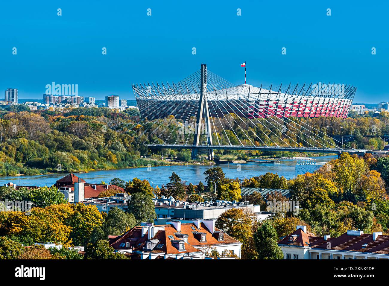 Warsaw: view of the Swietokrzyski Bridge and the PGE National Stadium and the Vistula river from the observation deck in the Old Town. Stock Photo