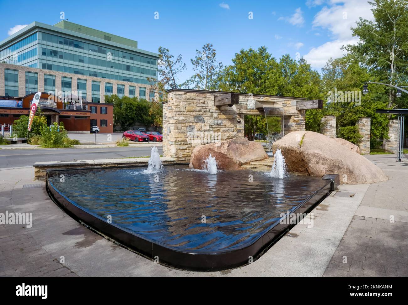 Water fountains at the entrance of Millennium Park in downtown Peterborough, Ontario, Canada Stock Photo