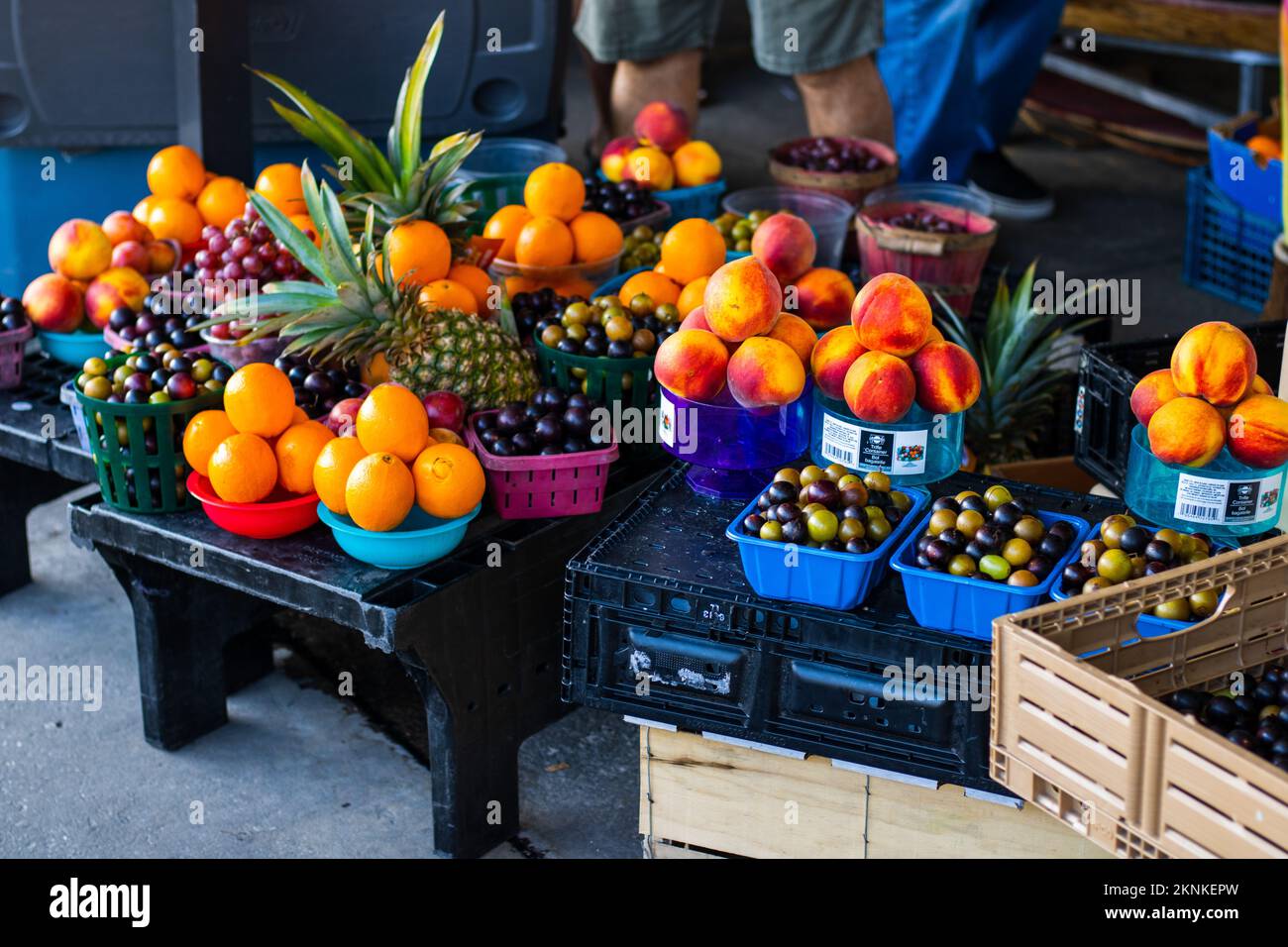 Different fruits in baskets and bowls laid on the pallets in