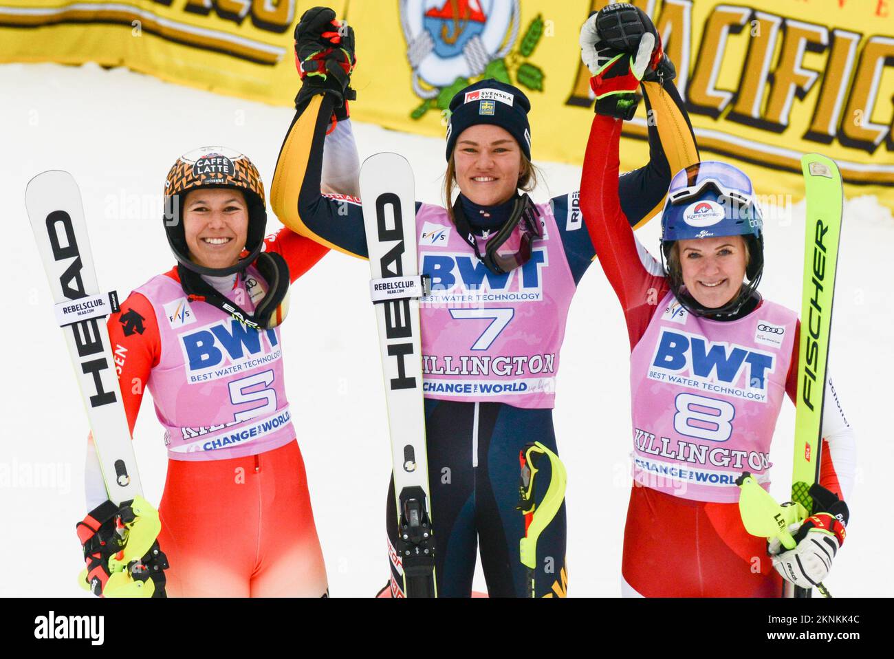 Killington, Vemont, USA. 27th Nov, 2022. Wendy Holdener of Switzerland ( left co-winner), Anna Swenn Larsson of Sweden center, co-winner) and Katharina Truppe of Austria ( right, third place) after the.slalom FIS Alpine Ski Race in Killington Vermont (Credit Image: © Christopher Levy/ZUMA Press Wire) Stock Photo
